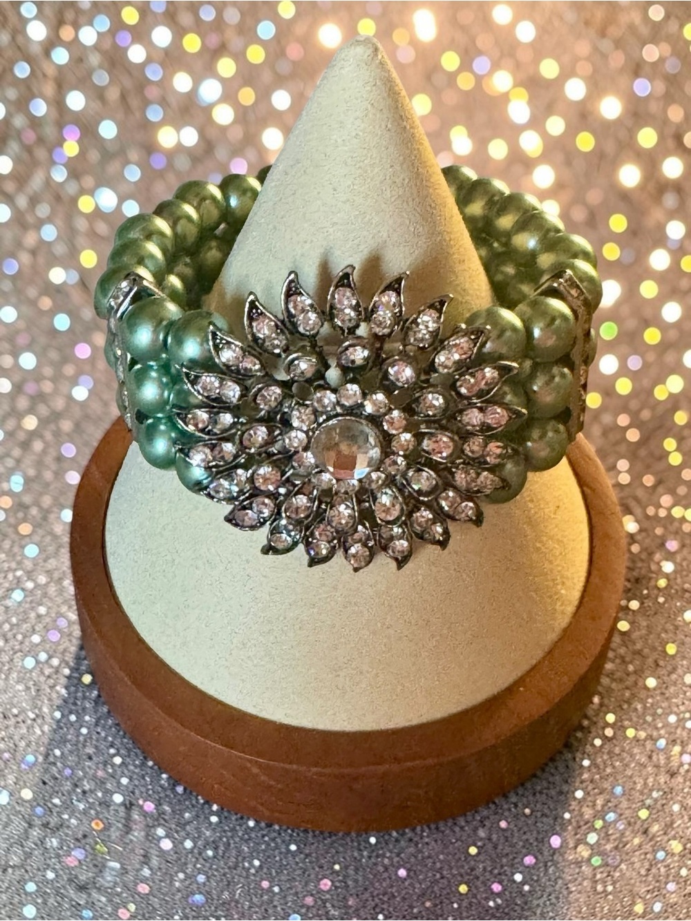 Green Pearl Statement Bracelet with Crystal Sunburst Accent